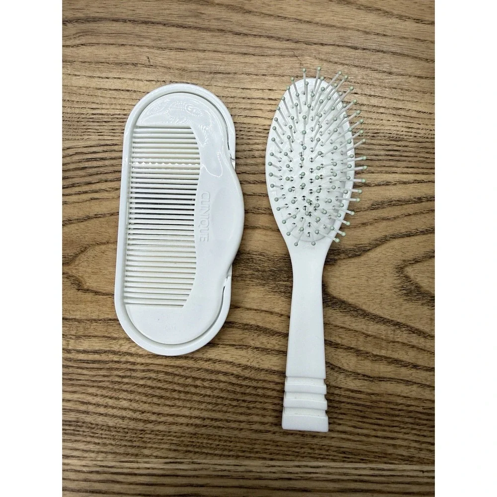 Vtg CLINIQUE Set of 3 Travel Hair Comb Mirror & Brush White W/ Holder